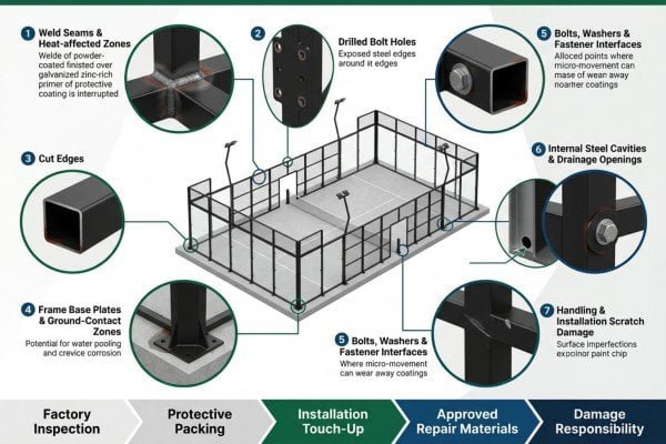 Critical corrosion points on a padel court frame