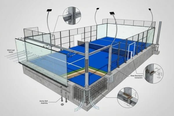 Padel court frame connection and foundation system