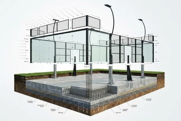 Outdoor padel court structural components for wind resistance