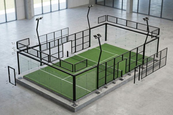 Components of a complete padel court system