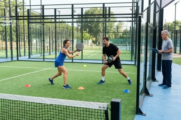 Beginner padel partners practising coordinated movement