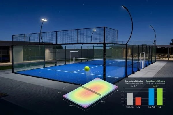 Padel court fixture optics and mounting geometry