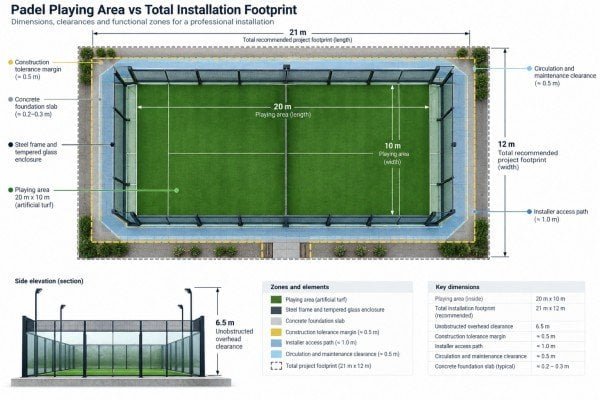 Playing area versus total padel court footprint