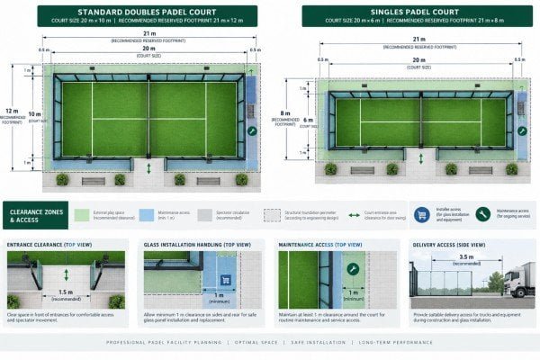 Practical space required around a padel court