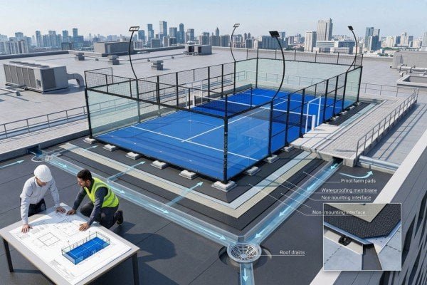Waterproofing and drainage planning for a rooftop padel court
