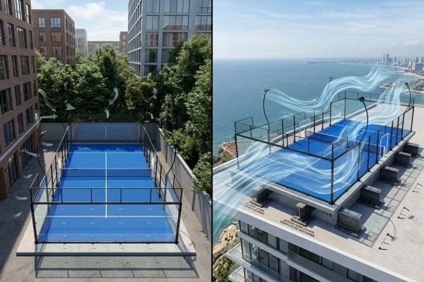 Exposed and sheltered padel court sites